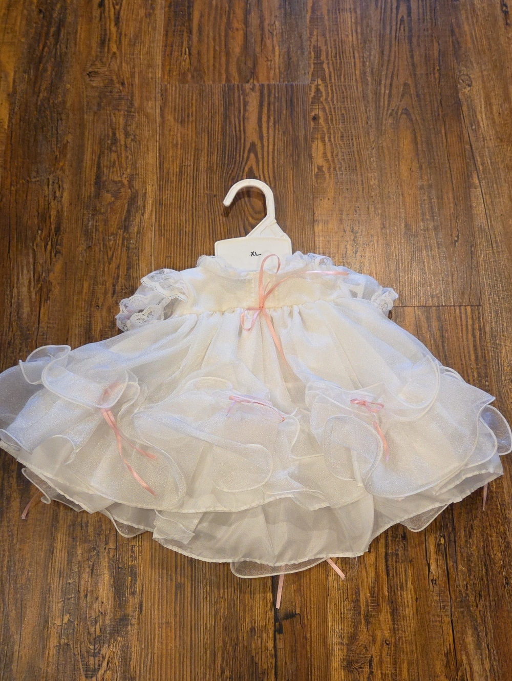 Elegant White Organza Girls' Formal Dress, Booties, Bonnet, and Bloomers.